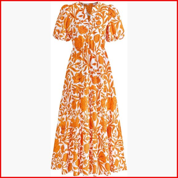 Floral Boho Maxi Dress with Pockets V-Neck Puff Sleeves Tiered Ruffle